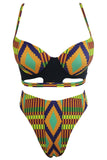 Bright Multicolor Geometric Print Cut out High Waist Swimsuit