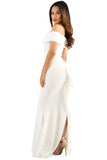 White Foldover Off Shoulder Slinky Long Party Dress