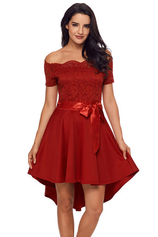 Red Lace Off Shoulder Dip Hem Prom Dress