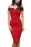 Red Embroidered Foldover Off Shoulder Neckline Slender Evening Dress