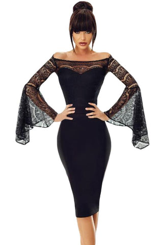 Black Lace Bell Sleeve Off Shoulder Bodycon Party Dress