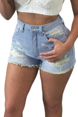 Light Blue Cut-off Fringe High Waist Denim Shorts