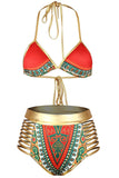 Orange African Tribal Metallic Cutout High Waist Swimsuit
