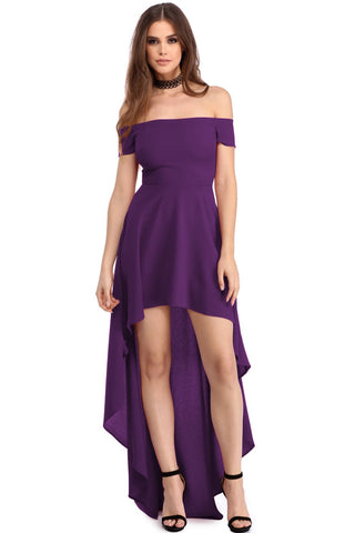 Purple High Low Hem Off Shoulder Party Dress