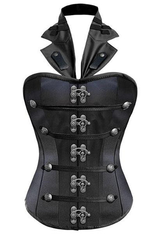 Black Satin Leather Steampunk Corset with collar