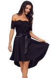 Black Lace Off Shoulder Dip Hem Prom Dress