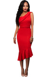 Red Single Shoulder Ruffle Party Dress