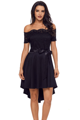 Black Lace Off Shoulder Dip Hem Prom Dress