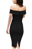 Black Embroidered Foldover Off Shoulder Neckline Slender Evening Dress