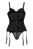 Black 6 Plastic Boned Lace Decor Bowknot Waist Corset with Thong