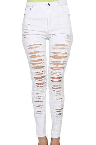 White Denim Destroyed High-waist Skinny Jeans