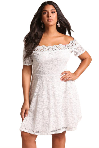 White Plus Size Lace Off Shoulder Flared Dress