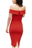 Red Embroidered Foldover Off Shoulder Neckline Slender Evening Dress