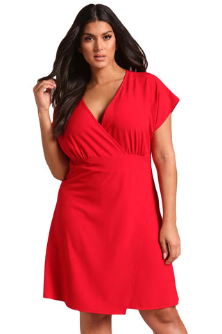 Red Plus Size Deep V Surplice Flared Dress
