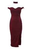 Burgundy Luxurious Velvet Long Party Dress with Choker