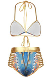Blue African Tribal Metallic Cutout High Waist Swimsuit
