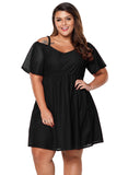 Black Textured Chiffon Cold Shoulder Plus Size Skater Dress