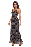 Black Gold Sequins Crisscross Maxi Evening Dress