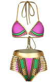 Rosy African Tribal Metallic Cutout High Waist Swimsuit