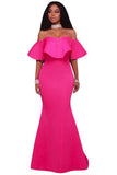 Rosy Ruffle Off Shoulder Ponti Maxi Party Dress