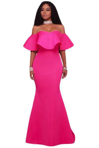 Rosy Ruffle Off Shoulder Ponti Maxi Party Dress