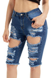 Blue Destroyed Frayed Hem Pocket Bermuda Denim Shorts