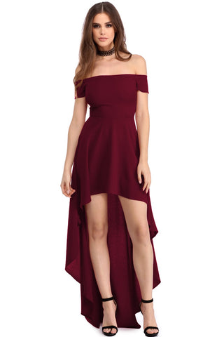 Burgundy High Low Hem Off Shoulder Party Dress