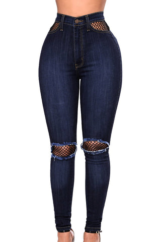 Dark Blue Fishnet Splice High Waist Jeans