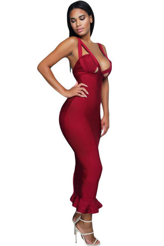 Burgundy Fishtail Luxe Bandage Dress