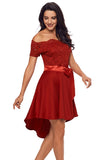 Red Lace Off Shoulder Dip Hem Prom Dress