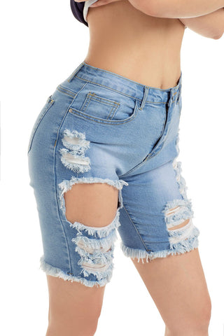 Light Wash Frayed Destroy Bermuda Denim Shorts