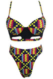 Dark Multicolor Geometric Print Cut out High Waist Swimsuit