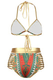 Orange African Tribal Metallic Cutout High Waist Swimsuit
