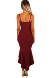 Burgundy V Neckline Frill Fishtail Party Dress