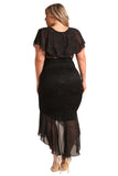 Black Plus Size Chiffon Lace Waterfall Ruffle Midi Dress
