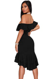 Black Off Shoulder Hi-Lo Hem Ruffle Party Dress