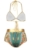 Green African Tribal Metallic Cutout High Waist Swimsuit