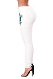 Blue Rose Embroidery Distressed White Skinny Jeans