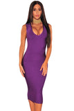 Purple Gold Button Cut Out Back Bandage Dress