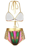 Rosy African Tribal Metallic Cutout High Waist Swimsuit