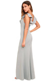 Gray Deep V Neck Ruffle Detail Maxi Party Dress