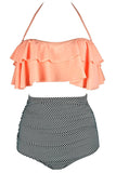 Orange & Zebra Striped Retro Boho Flounce High Waist Swimsuit