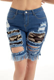 Blue Camo Patchwork Frayed Cutout Denim Shorts