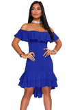 Royal Blue Off Shoulder Hi-Lo Hem Ruffle Party Dress