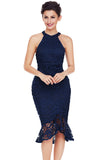 Navy Sleeveless Lace Fishtail Bodycon Dress