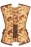 Tan Satin Globe Print Overbust Corset with Thong