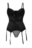 Black 6 Plastic Boned Lace Decor Bowknot Waist Corset with Thong