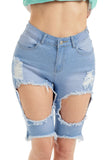 Denim Blue Distressed High Waist Bermuda Shorts