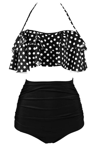 Black White Polka Dot Retro Boho Flounce High Waist Swimsuit