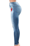 Rose Embroidered Knee Distress Blue Skinny Jeans